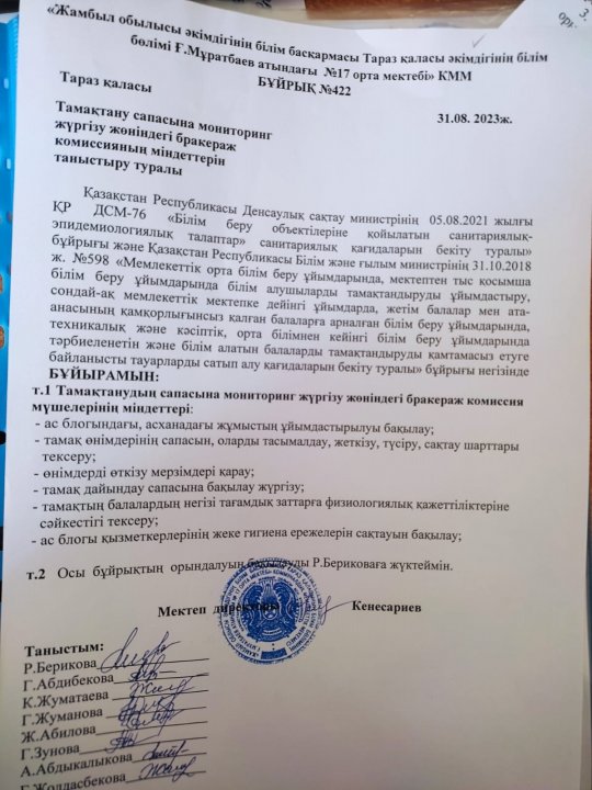 Тамақтану сапасына мониторинг жүргізу жөніндегі бракераж комиссияның міндеттерін таныстыру туралы