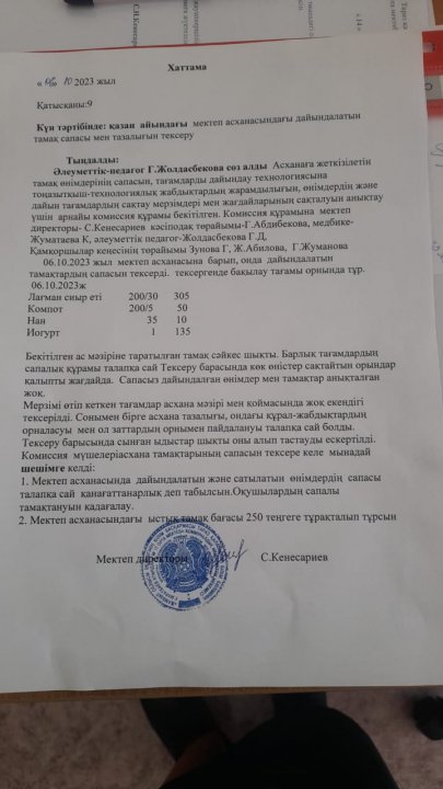 Мектеп асханасындағы  дайындалатын тамақ сапасы мен тазалығын тексеру.