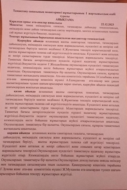 Тамақтану сапасының мониторингі жұмыстарының І жартыжылдық есебі.