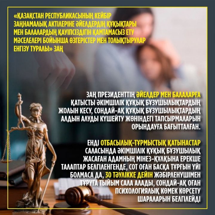 Қазақстан Республикасының кейбір заңнамалық актілеріне әйелдердің құқықтары мен балалардың қауіпсіздігін қамтамасыз ету.