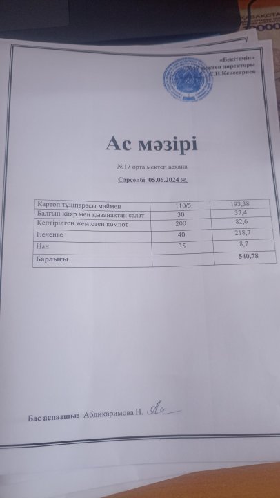 "Балдәурен балғын өнерпаз " лагерь ас мәзірі