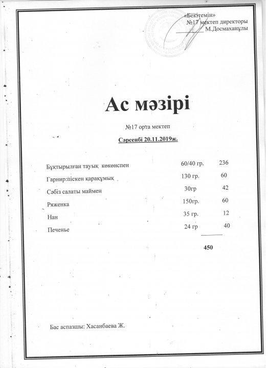 Апталық ас мәзірі 20.11.2019ж