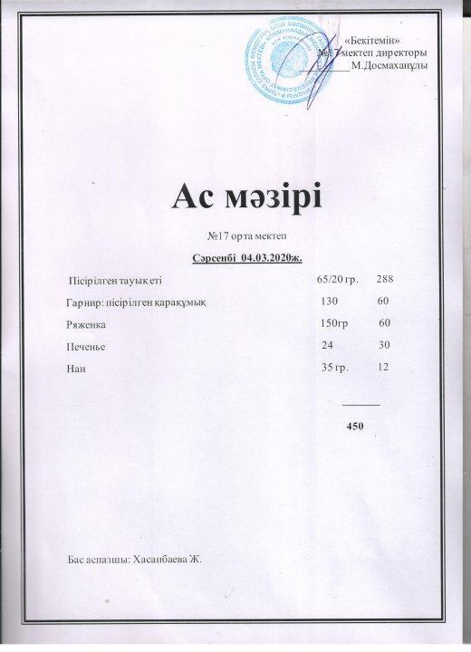 Сәрсенбі ас мәзірі - 04.03.2020ж