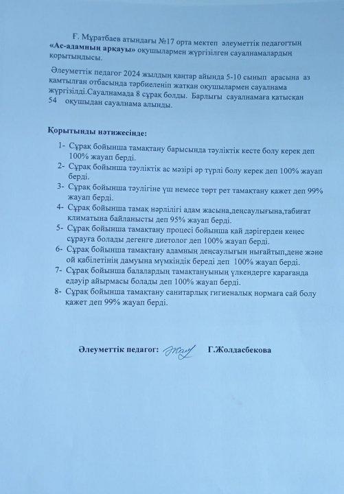 "Ас -адамның арқауы" оқушылармен жүргізілген сауалнамалар қорытындысы.