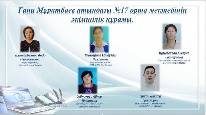 Ғани Мұратбаев атындағы №17 орта мектебінің әкімшілік құрамы.